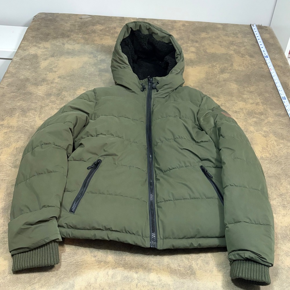 Superdry Mountain Jacket Womens Size 10 Green Puffer Sherpa Lined Hooded Outdoor